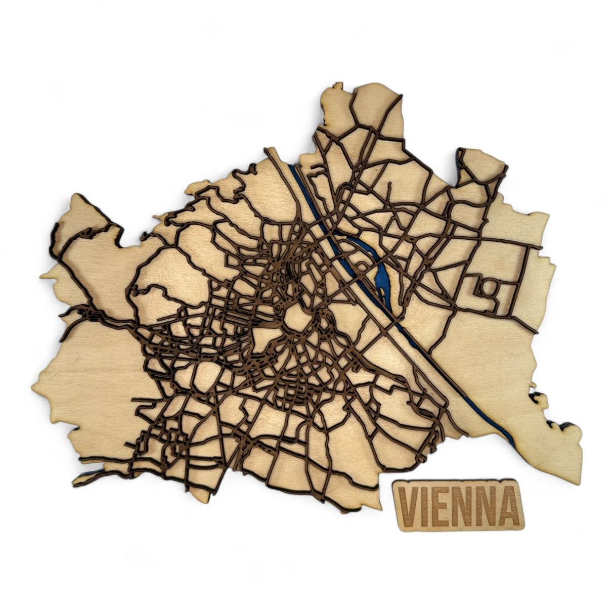 Wien zum Anfassen – Detaillierter Holz-Stadtplan mit Donau & Straßennetz