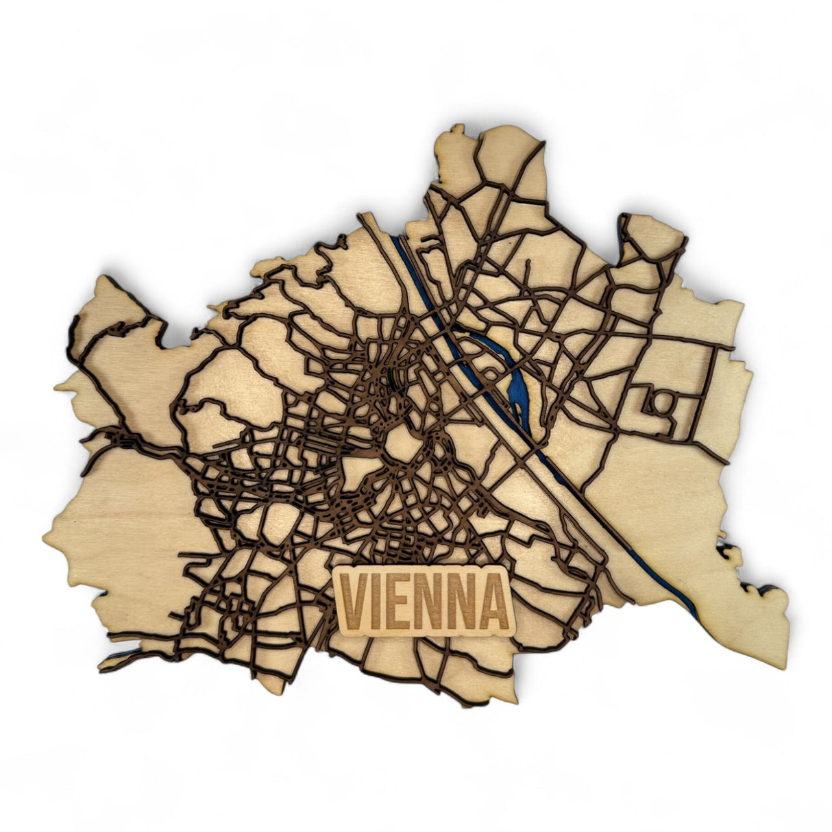 Wien zum Anfassen – Detaillierter Holz-Stadtplan mit Donau & Straßennetz