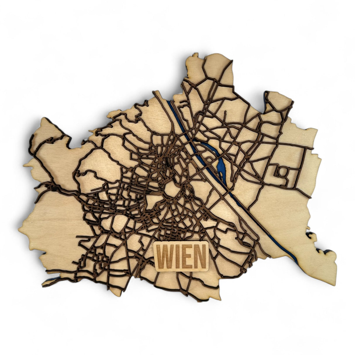 Wien zum Anfassen – Detaillierter Holz-Stadtplan mit Donau & Straßennetz