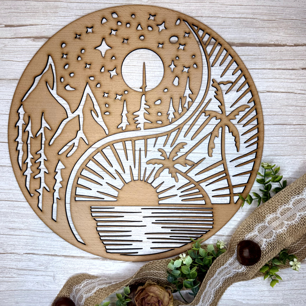 Wandschild "Yin und Yang - Wald und Strand"